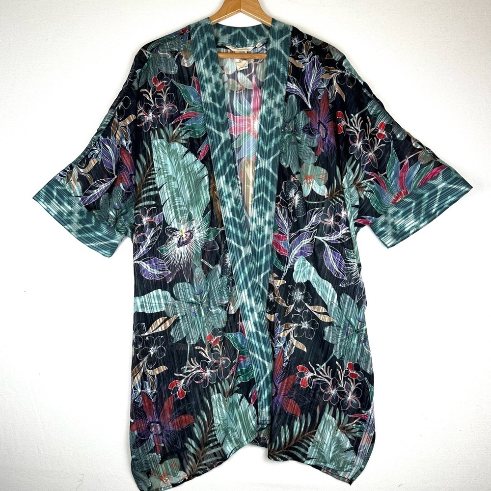 Soft Surroundings Open Front‎ Floral Stripe Kimono Cardigan Jacket